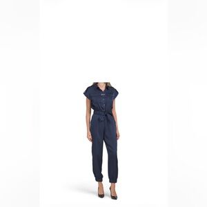 Rachel Zoe Satin Jogger Jumpsuit with shirt collar Women's Navy Short-Sleeve